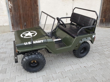 HILLBIL Mini Willys Jeep Kinderauto mit Benzinmotor 150 ccm Offroad mit Federung, Anhängerkupplung und Scheibe grün bis 60 km/h