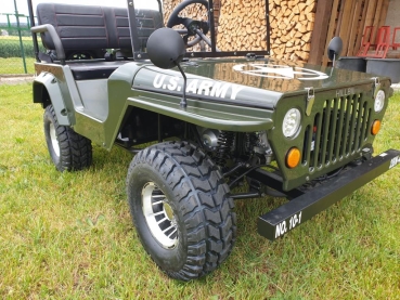 HILLBIL XTR Mini Willys Jeep US.ARMY Kinderauto mit Benzinmotor 150 ccm Offroad mit Federung, Scheibe, Alu-Offroad-Reifen