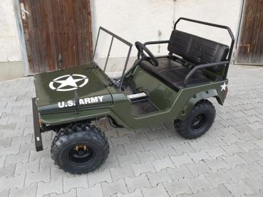 gebrauchter HILLBIL Mini Willys Jeep Kinderauto mit Benzinmotor 150 ccm Offroad mit Federung, Anhängerkupplung und Scheibe grün - ca. 10 PS - bis 60 km/h