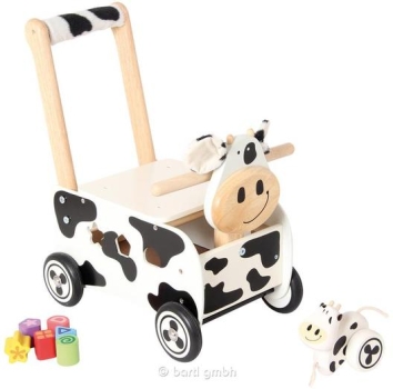 Schiebewagen Kuh schwarz-weiß aus Holz | Lauflernwagen - Lauflernhilfe I`m Toy