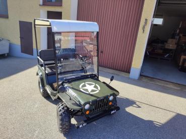 HILLBIL XTR Willys Jeep Elektro Kinderauto 1200 W 10 bis 40 km/h Alufelgen, Anhängerkupplung, Regen- und Sonnendach - großes Elektroauto für Kinder