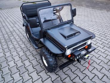 HILLBIL XTR-9 Elektro Kinderauto 1200 W, schwarz matt, konfigurierbar 10 km/h bis 40 km/h, mit Alufelgen, Sitzbank - großes Kinder Elektroauto (ohne Seilwinde)